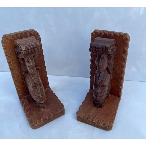 Vintage Bookends Pair Carved Wood Shelf Art Tribal Hand Crafted Brown 4.5x7" - Picture 1 of 11